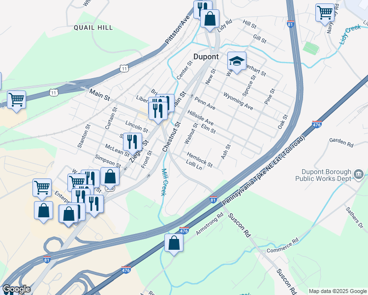 map of restaurants, bars, coffee shops, grocery stores, and more near 1-7 Hemlock St in Dupont