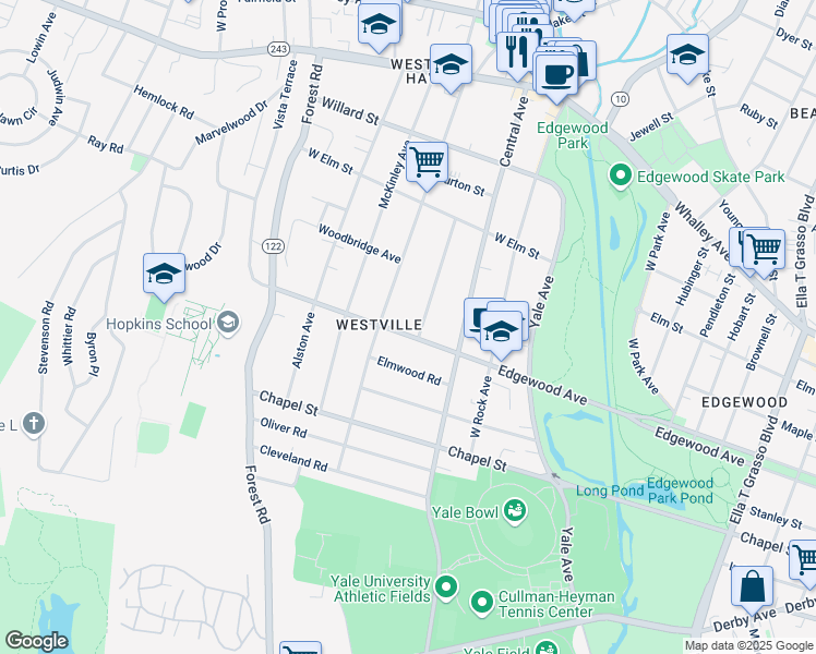 map of restaurants, bars, coffee shops, grocery stores, and more near 853 Edgewood Avenue in New Haven