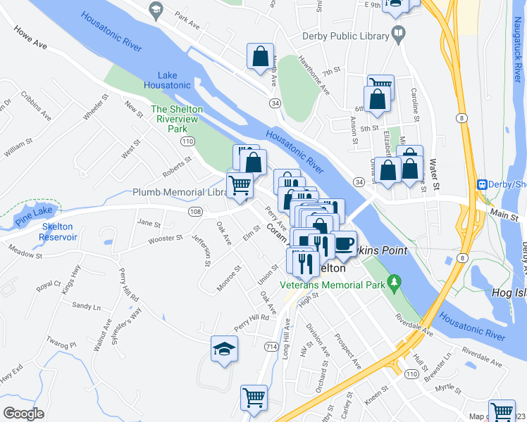 map of restaurants, bars, coffee shops, grocery stores, and more near 60 Perry Avenue in Shelton
