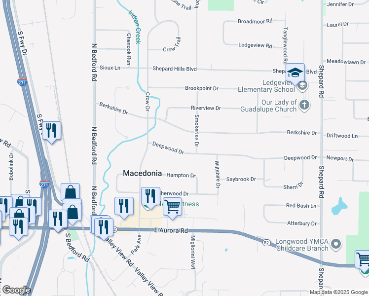 map of restaurants, bars, coffee shops, grocery stores, and more near 1045 Deepwood Drive in Macedonia