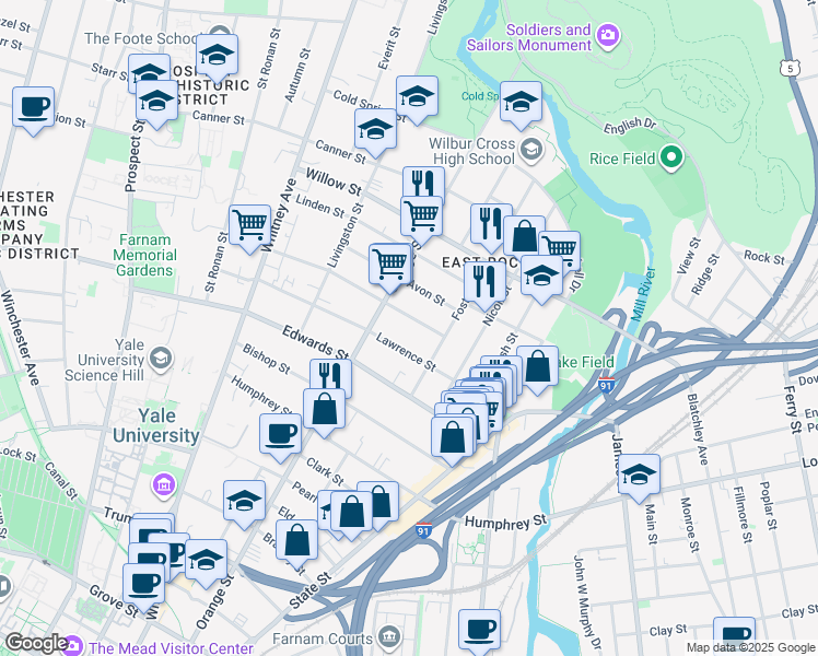 map of restaurants, bars, coffee shops, grocery stores, and more near 20 Cottage Street in New Haven