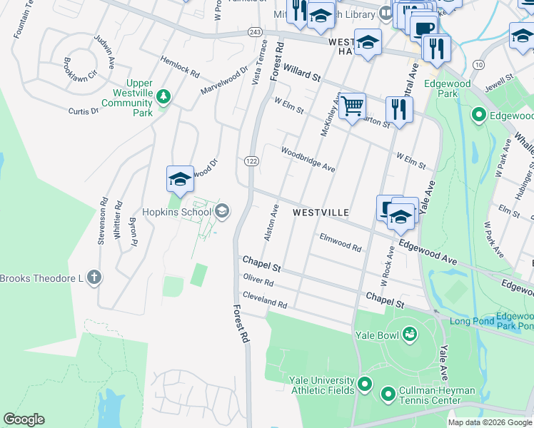 map of restaurants, bars, coffee shops, grocery stores, and more near 80 Alston Avenue in New Haven
