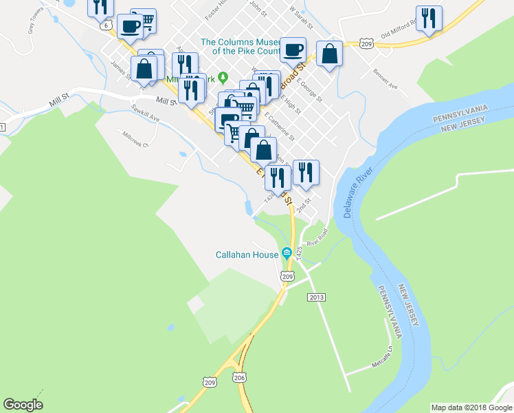 map of restaurants, bars, coffee shops, grocery stores, and more near 118 Mott St in Milford