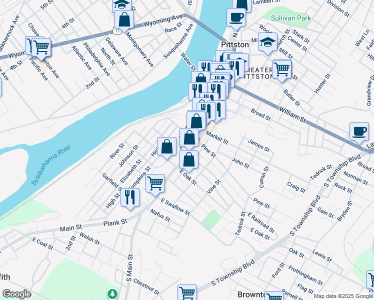 map of restaurants, bars, coffee shops, grocery stores, and more near 155 South Main Street in Pittston