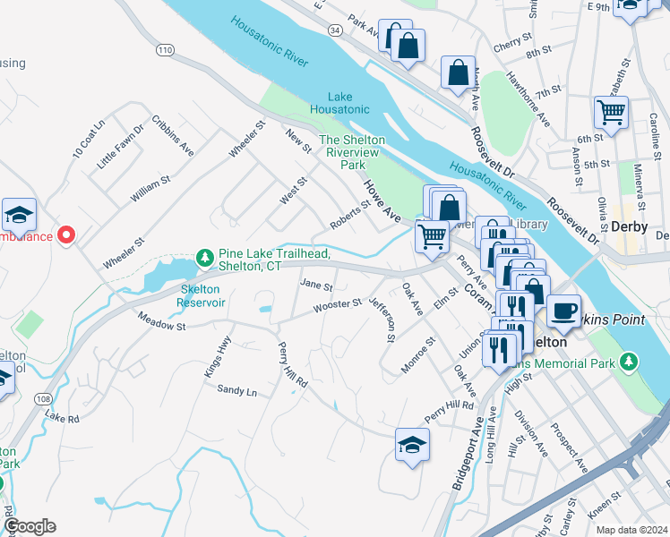map of restaurants, bars, coffee shops, grocery stores, and more near 5 Mary Street in Shelton
