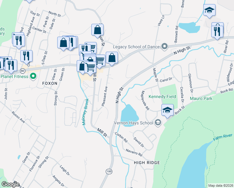 map of restaurants, bars, coffee shops, grocery stores, and more near 1309 North High Street in East Haven