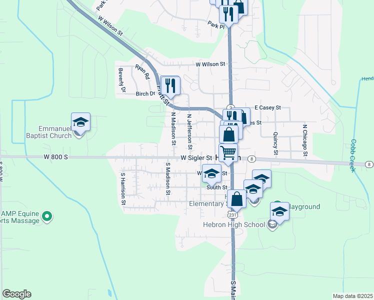 map of restaurants, bars, coffee shops, grocery stores, and more near 104 North Jefferson Street in Hebron