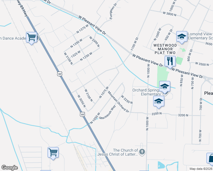 map of restaurants, bars, coffee shops, grocery stores, and more near 1076 Mountain Orchard Drive in Pleasant View