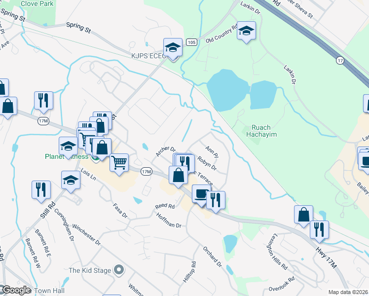 map of restaurants, bars, coffee shops, grocery stores, and more near 2 Robyn Drive in Monroe