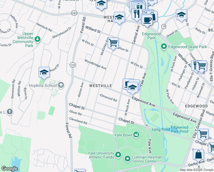 map of restaurants, bars, coffee shops, grocery stores, and more near 10 Marvel Road in New Haven