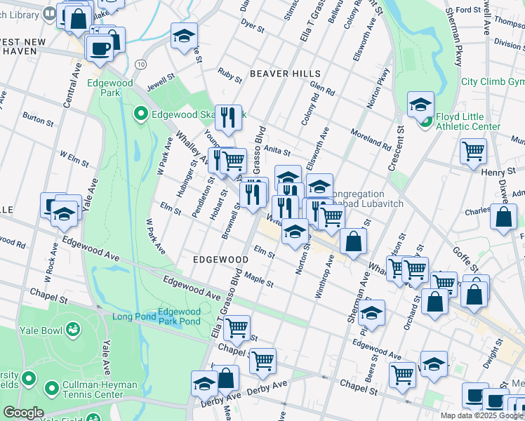 map of restaurants, bars, coffee shops, grocery stores, and more near 467 Whalley Avenue in New Haven