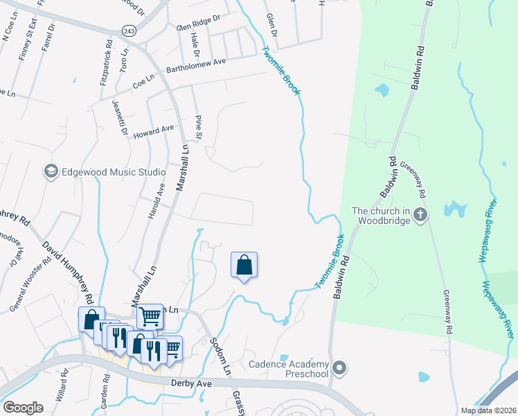 map of restaurants, bars, coffee shops, grocery stores, and more near 33 Belleview Drive in Derby