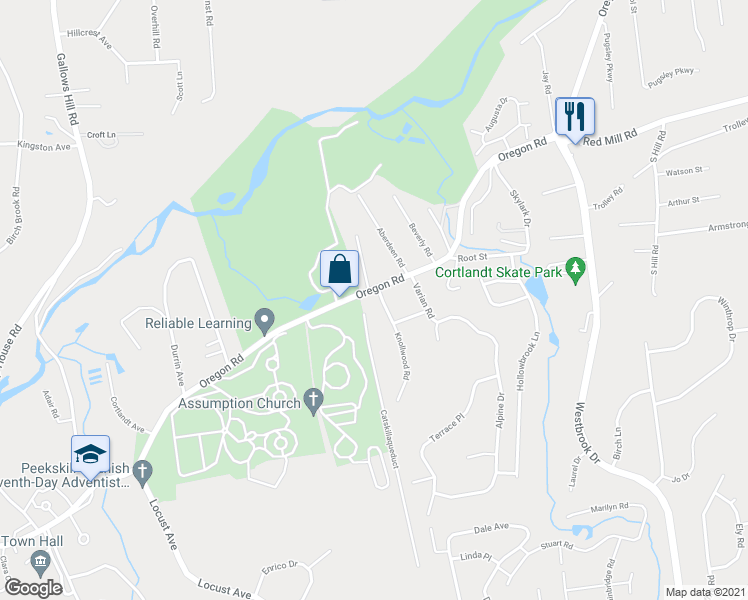 map of restaurants, bars, coffee shops, grocery stores, and more near 1061 Oregon Road in Cortlandt