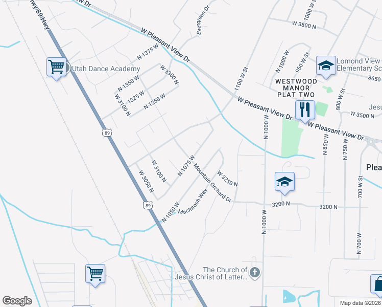 map of restaurants, bars, coffee shops, grocery stores, and more near 1076 Mountain Orchard Drive in Pleasant View