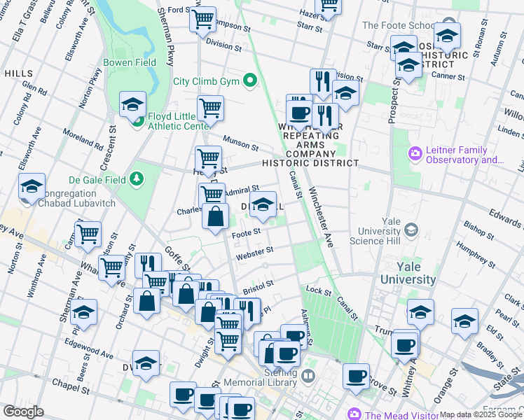 map of restaurants, bars, coffee shops, grocery stores, and more near 55 Foote Street in New Haven