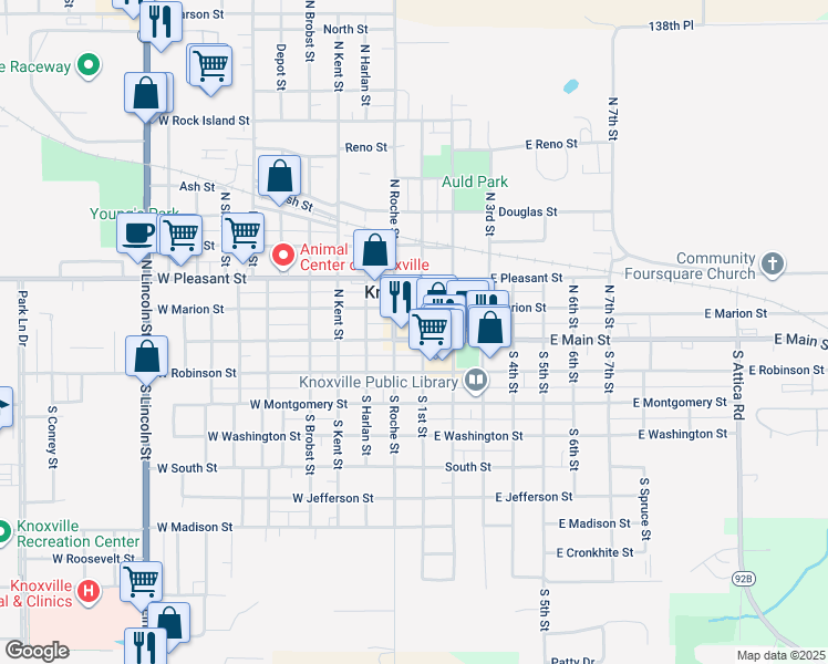 map of restaurants, bars, coffee shops, grocery stores, and more near 105 West Main Street in Knoxville