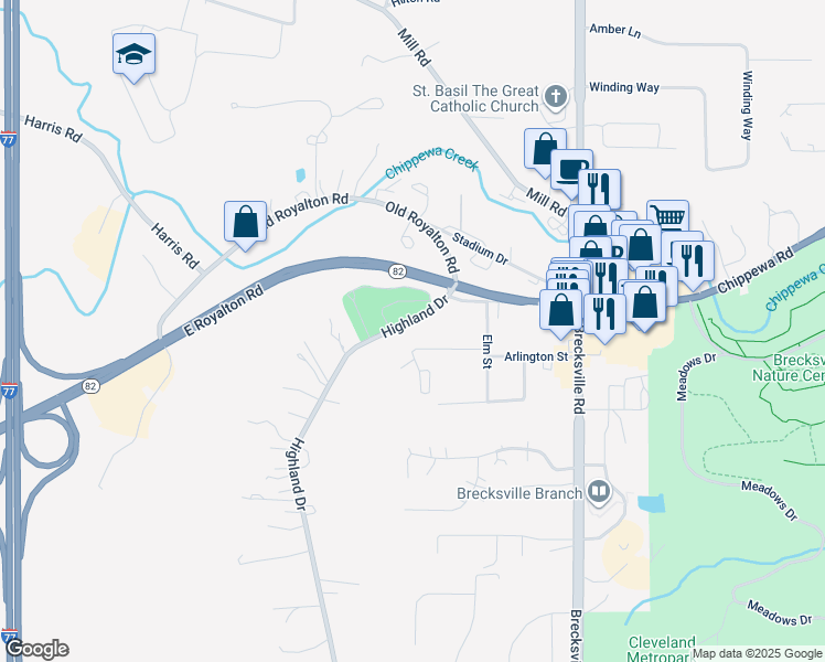 map of restaurants, bars, coffee shops, grocery stores, and more near 8997 Highland Drive in Brecksville