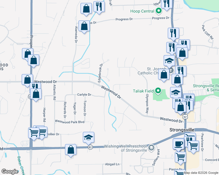 map of restaurants, bars, coffee shops, grocery stores, and more near 19900 Westwood Drive in Strongsville