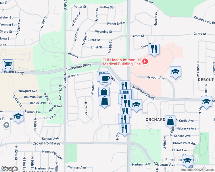 map of restaurants, bars, coffee shops, grocery stores, and more near 6636 North 73rd Plaza in Omaha