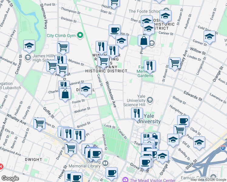 map of restaurants, bars, coffee shops, grocery stores, and more near 26 Woodland Street in New Haven