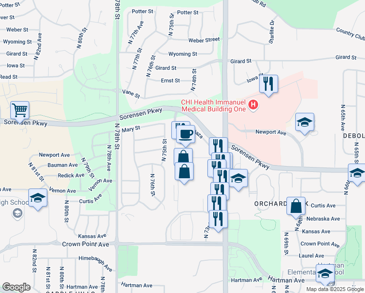 map of restaurants, bars, coffee shops, grocery stores, and more near 6636 North 73rd Plaza in Omaha
