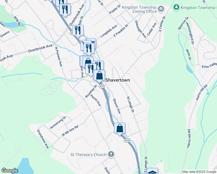 map of restaurants, bars, coffee shops, grocery stores, and more near 103 Shaver Avenue in Shavertown