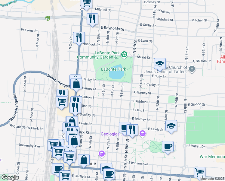 map of restaurants, bars, coffee shops, grocery stores, and more near 698 East Harney Street in Laramie