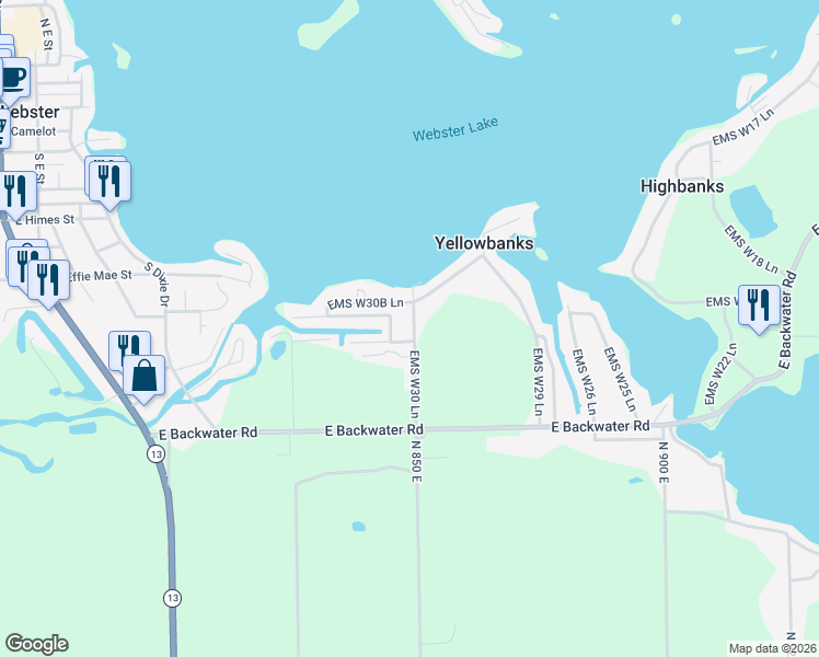 map of restaurants, bars, coffee shops, grocery stores, and more near 94-142 Ems W30 Lane in North Webster