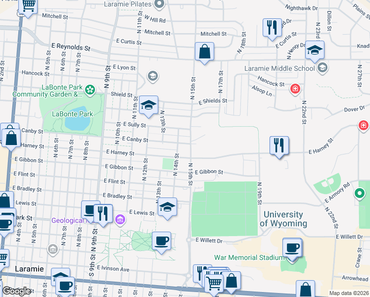 map of restaurants, bars, coffee shops, grocery stores, and more near 860A North 15th Street in Laramie