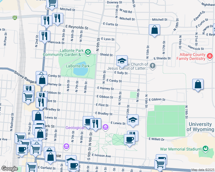 map of restaurants, bars, coffee shops, grocery stores, and more near 1003 East Harney Street in Laramie