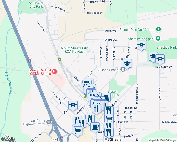 map of restaurants, bars, coffee shops, grocery stores, and more near 336 East Ivy Street in Mount Shasta