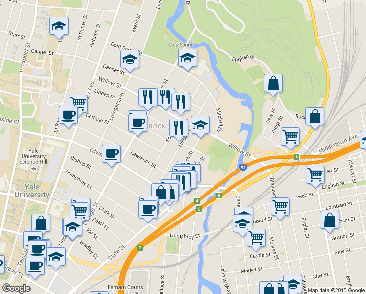map of restaurants, bars, coffee shops, grocery stores, and more near 130 Eagle Street in New Haven