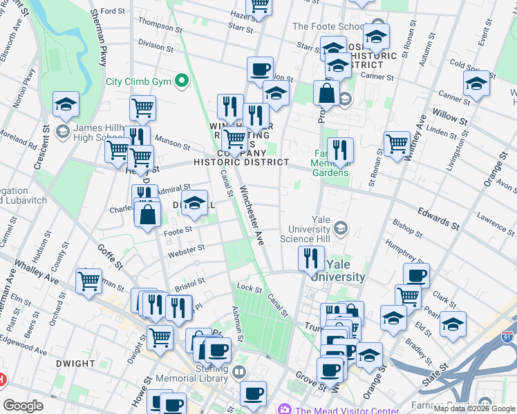 map of restaurants, bars, coffee shops, grocery stores, and more near 26 Woodland Street in New Haven