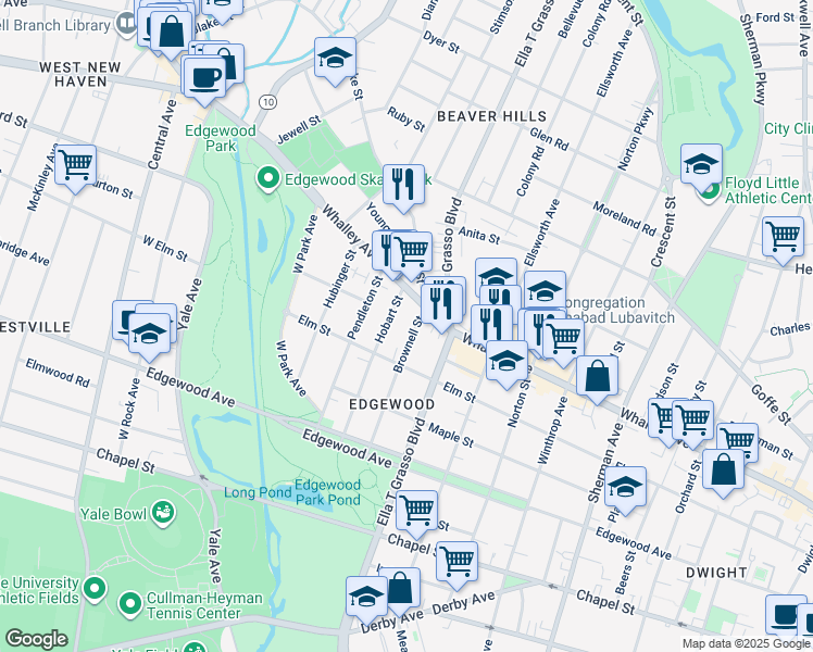 map of restaurants, bars, coffee shops, grocery stores, and more near 112 Brownell Street in New Haven