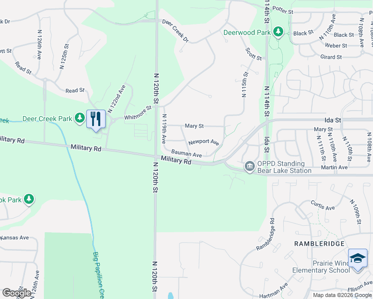 map of restaurants, bars, coffee shops, grocery stores, and more near 11816 Bauman Avenue in Omaha