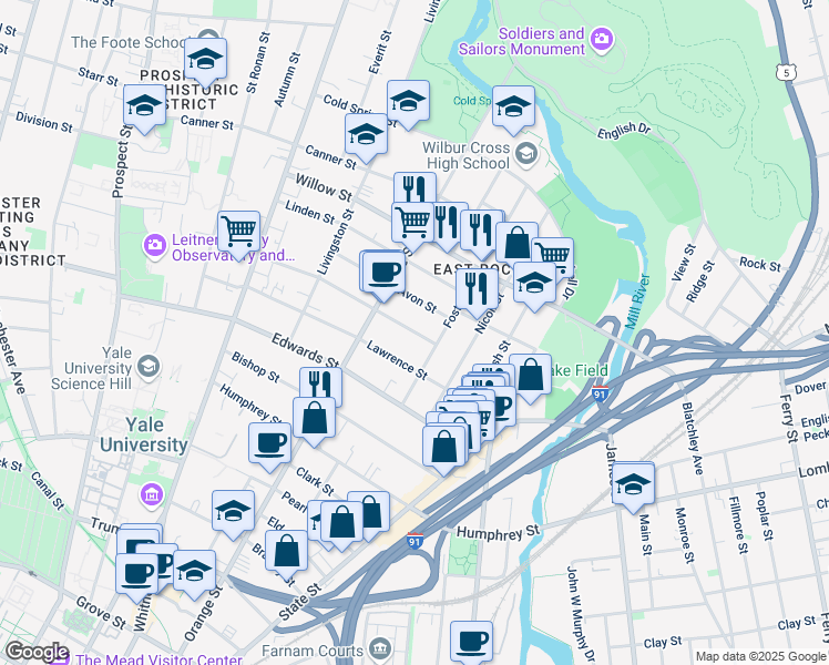 map of restaurants, bars, coffee shops, grocery stores, and more near 20 Cottage St in New Haven