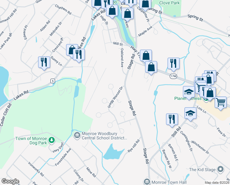 map of restaurants, bars, coffee shops, grocery stores, and more near 2 Millard Circle in Monroe