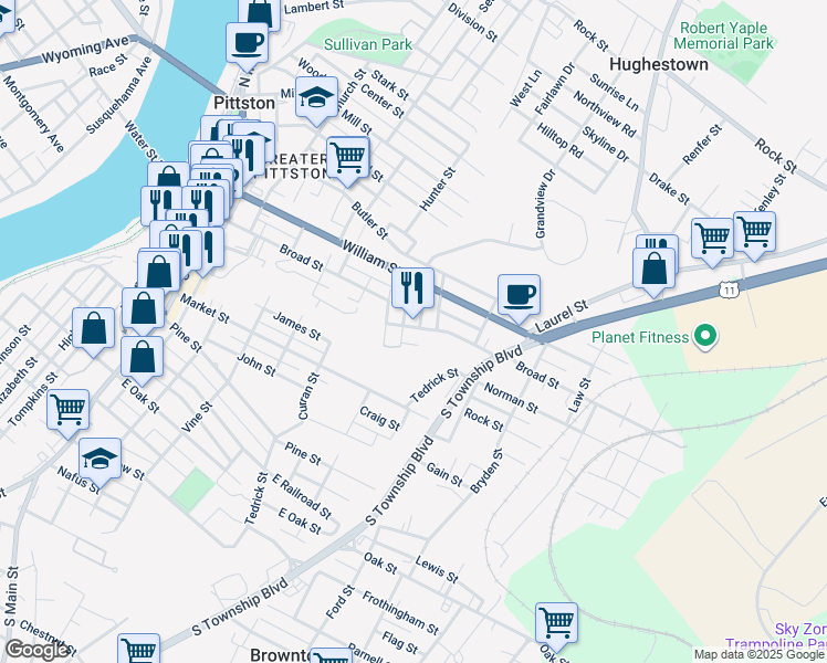 map of restaurants, bars, coffee shops, grocery stores, and more near 229-231 Broad Street in Pittston