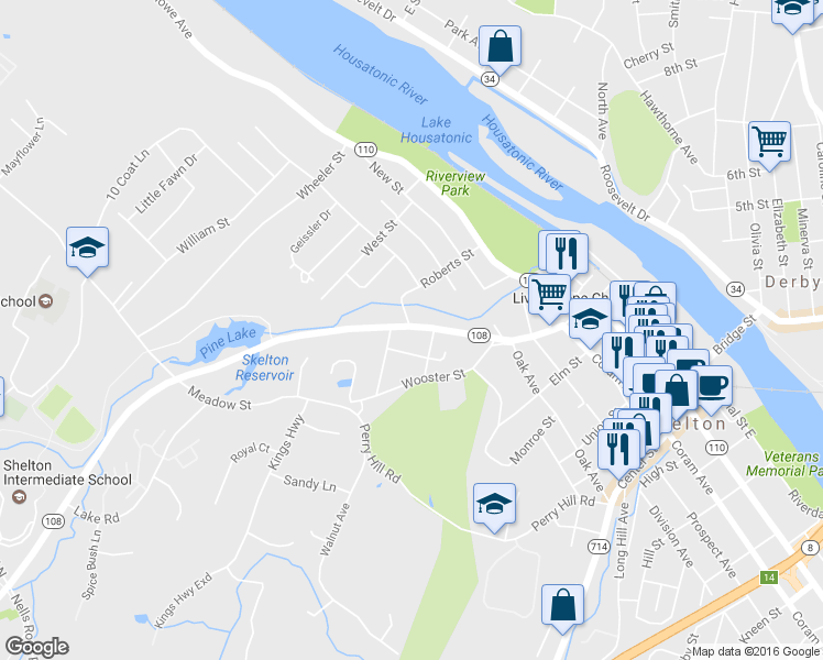 map of restaurants, bars, coffee shops, grocery stores, and more near 84 Shelton Avenue in Shelton