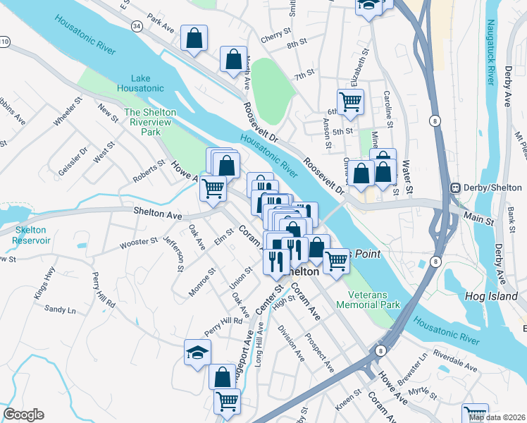 map of restaurants, bars, coffee shops, grocery stores, and more near 539 Howe Avenue in Shelton