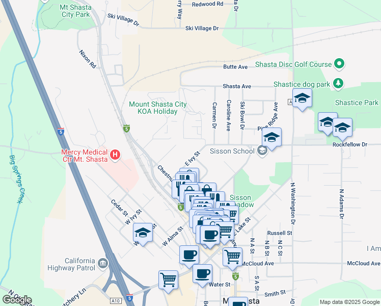 map of restaurants, bars, coffee shops, grocery stores, and more near 336 East Ivy Street in Mount Shasta