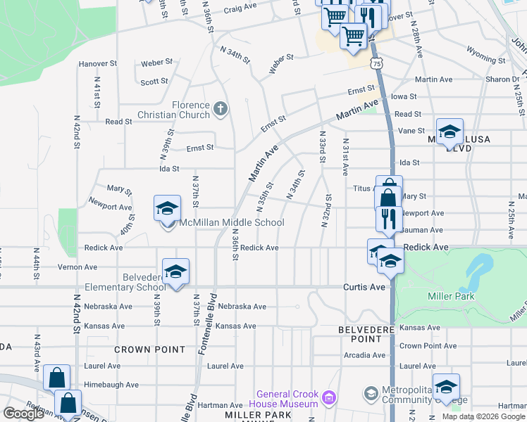 map of restaurants, bars, coffee shops, grocery stores, and more near 6541 North 35th Street in Omaha