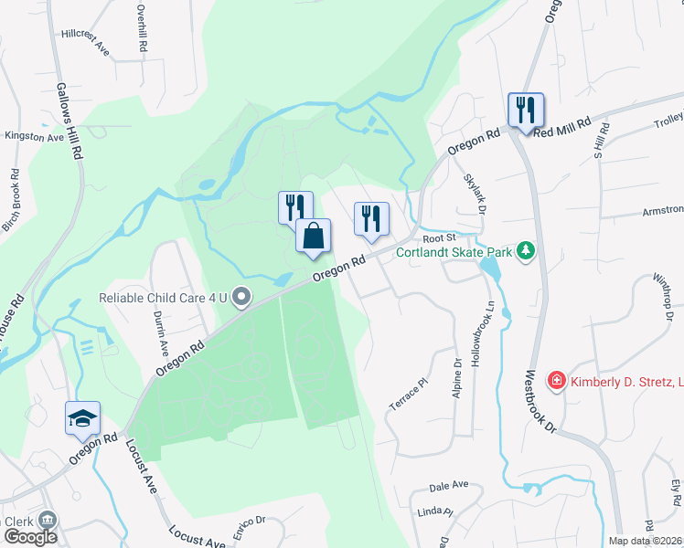 map of restaurants, bars, coffee shops, grocery stores, and more near 1061 Oregon Road in Cortlandt