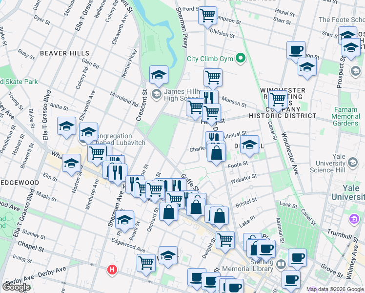 map of restaurants, bars, coffee shops, grocery stores, and more near 658 Orchard Street in New Haven