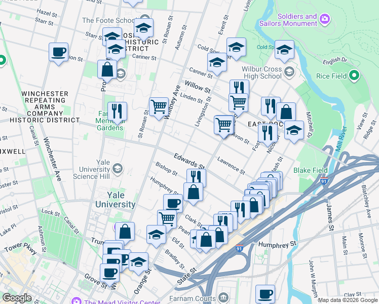 map of restaurants, bars, coffee shops, grocery stores, and more near 205 Edwards Street in New Haven