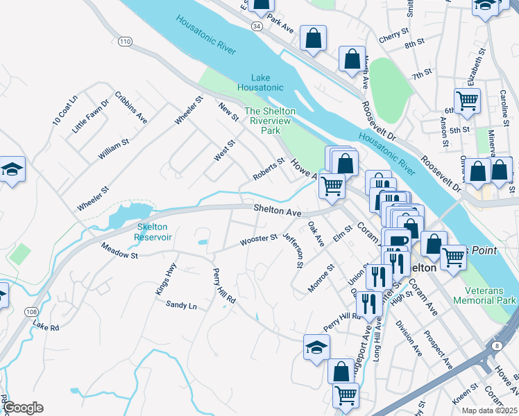 map of restaurants, bars, coffee shops, grocery stores, and more near Shelton Avenue & Mary Street in Shelton
