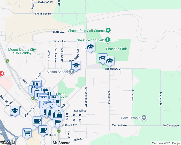 map of restaurants, bars, coffee shops, grocery stores, and more near 554 Everitt Memorial Highway in Mount Shasta