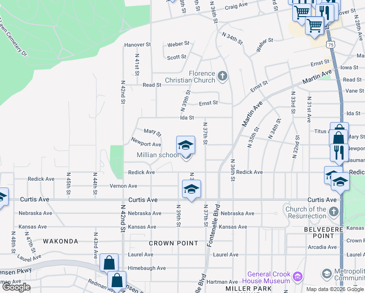 map of restaurants, bars, coffee shops, grocery stores, and more near 3802 Redick Avenue in Omaha