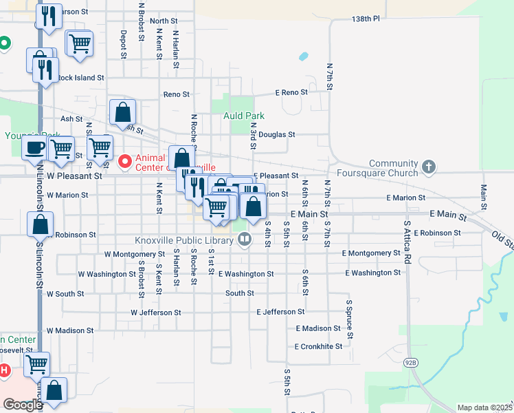 map of restaurants, bars, coffee shops, grocery stores, and more near 309 East Main Street in Knoxville