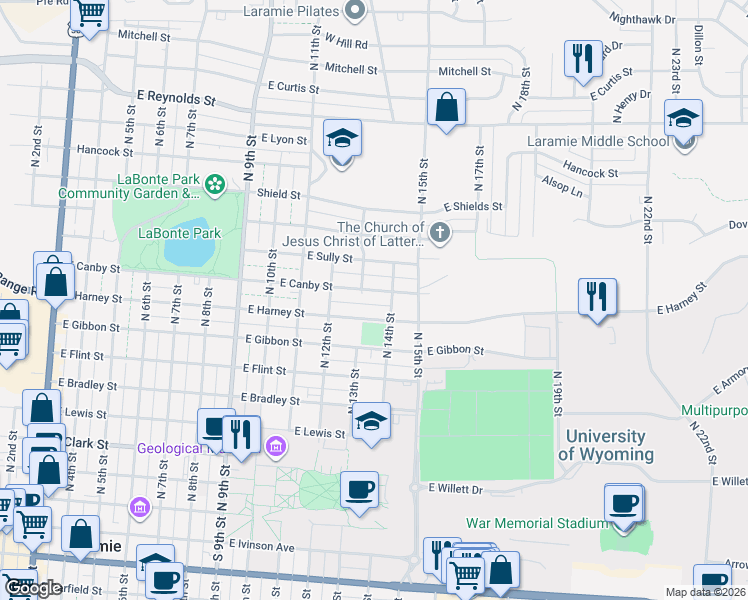 map of restaurants, bars, coffee shops, grocery stores, and more near 1301 East Harney Street in Laramie
